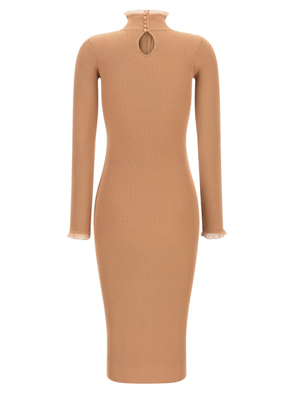Dress by Elisabetta Franchi for women in polyamide & viscose beige, gold & patterned features an sultry silhouette defined by a mock neckline and , falling to an sultry midi for a sultry look.
