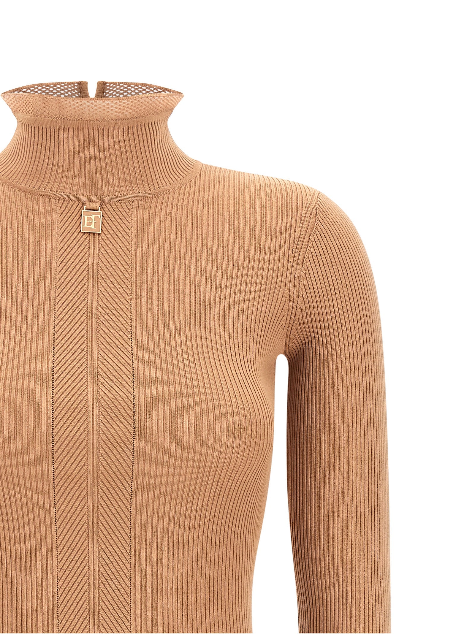 Dress by Elisabetta Franchi for women in polyamide & viscose beige, gold & patterned showcases a striking silhouette, elegantly detailed with a , refined mock neckline, and a striking midi for a striking finish.
