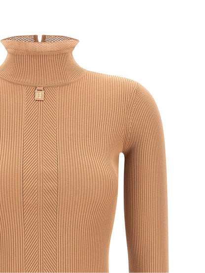 Dress by Elisabetta Franchi for women in polyamide & viscose beige, gold & patterned showcases a striking silhouette, elegantly detailed with a , refined mock neckline, and a striking midi for a striking finish.
