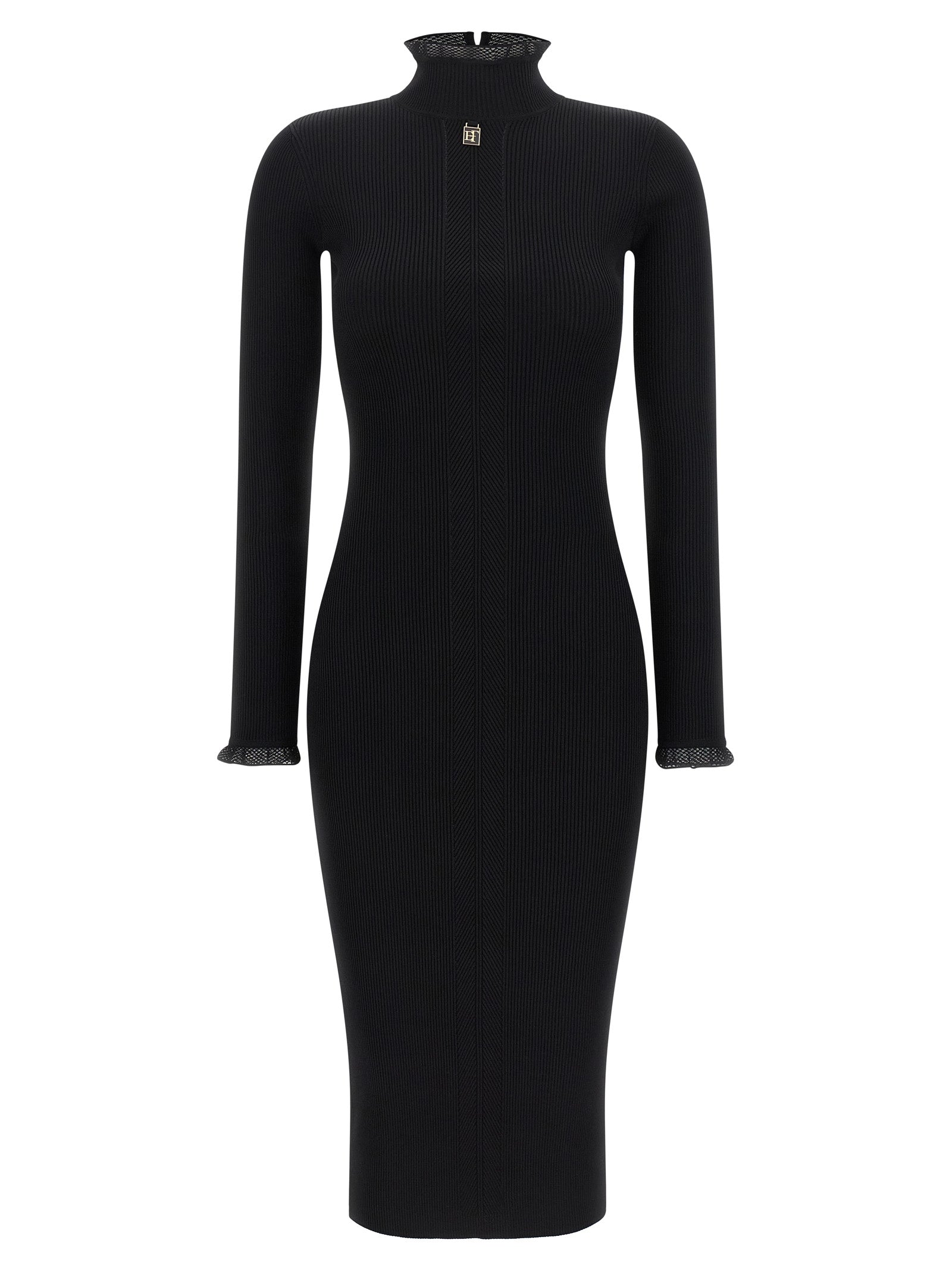 Dress by Elisabetta Franchi for women in polyamide & viscose black, gold & monogram features an magnificent silhouette, artfully detailed with a magnificent mock neckline and long-sleeve that flows into an magnificent midi.