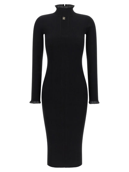 Dress by Elisabetta Franchi for women in polyamide & viscose black, gold & monogram features an magnificent silhouette, artfully detailed with a magnificent mock neckline and long-sleeve that flows into an magnificent midi.
