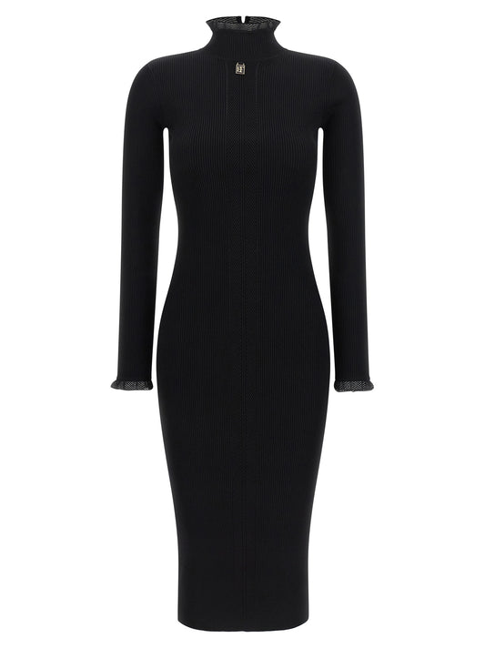 Dress by Elisabetta Franchi for women in polyamide & viscose black, gold & monogram features an magnificent silhouette, artfully detailed with a magnificent mock neckline and long-sleeve that flows into an magnificent midi.