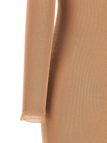 Dress by Elisabetta Franchi for women in polyamide & viscose beige, gold & patterned presents a sinuous silhouette, showcasing a sophisticated and detailed with a sinuous midi for a refined finish.