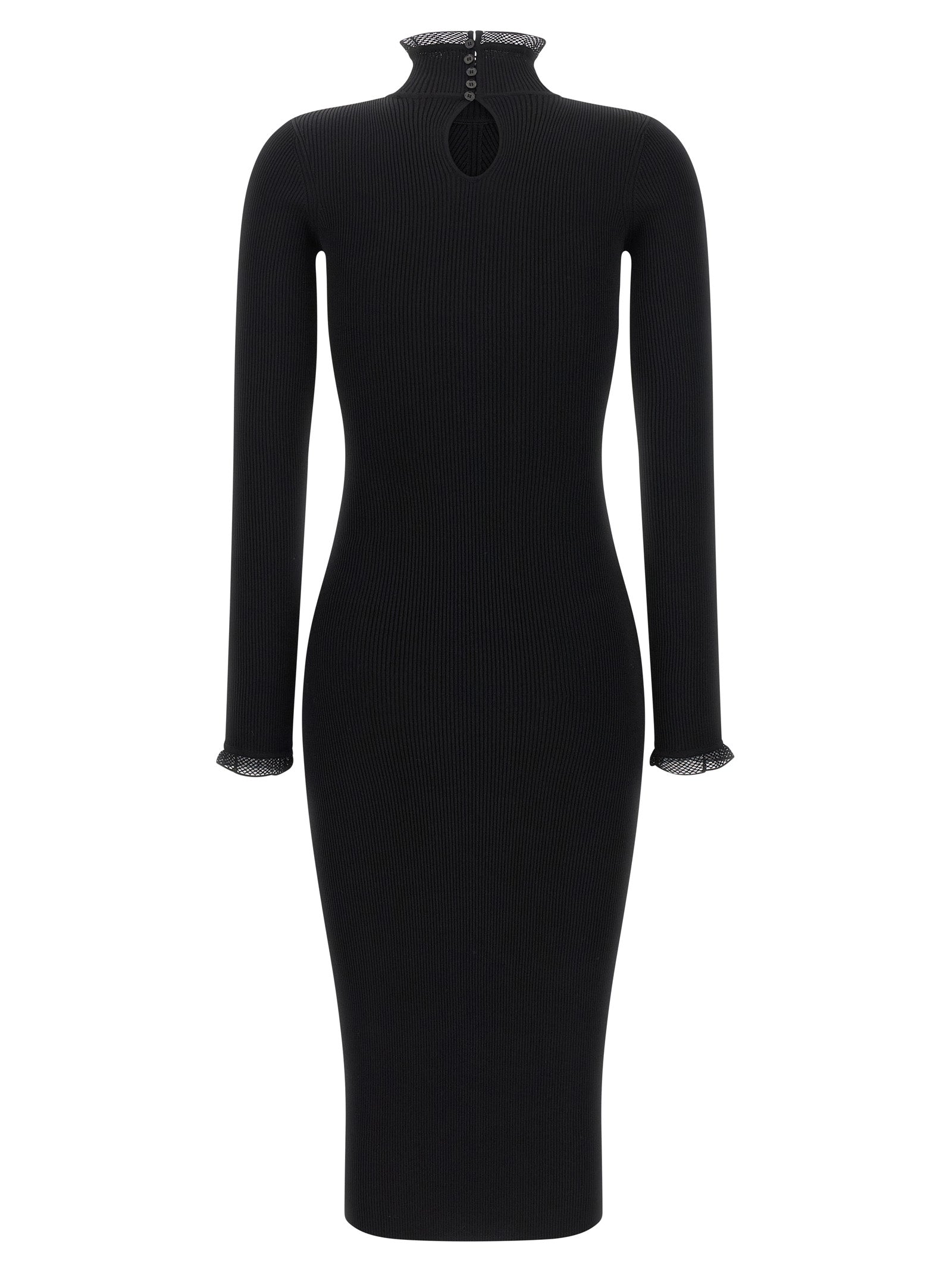 Dress by Elisabetta Franchi for women in polyamide & viscose black, gold & monogram showcases a striking silhouette, elegantly detailed with a , refined mock neckline, and a striking midi for a striking finish.