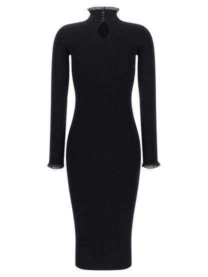 Dress by Elisabetta Franchi for women in polyamide & viscose black, gold & monogram showcases a striking silhouette, elegantly detailed with a , refined mock neckline, and a striking midi for a striking finish.