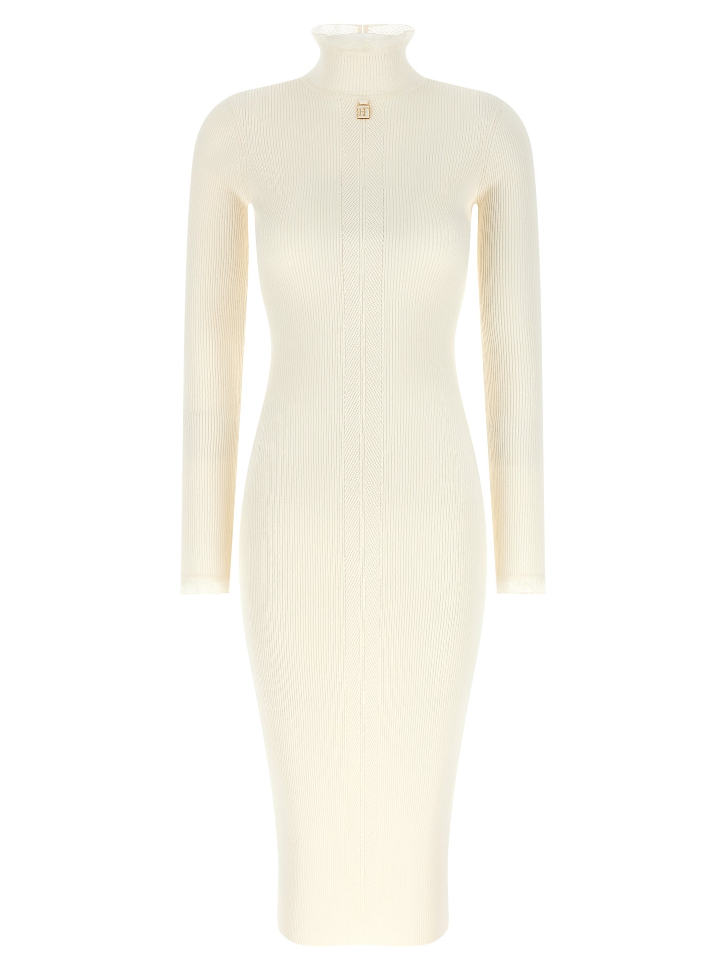 Dress by Elisabetta Franchi for women in polyamide & viscose gold & white features a dramatic silhouette, showcasing an elegant mock neckline and that flows into a dramatic midi.