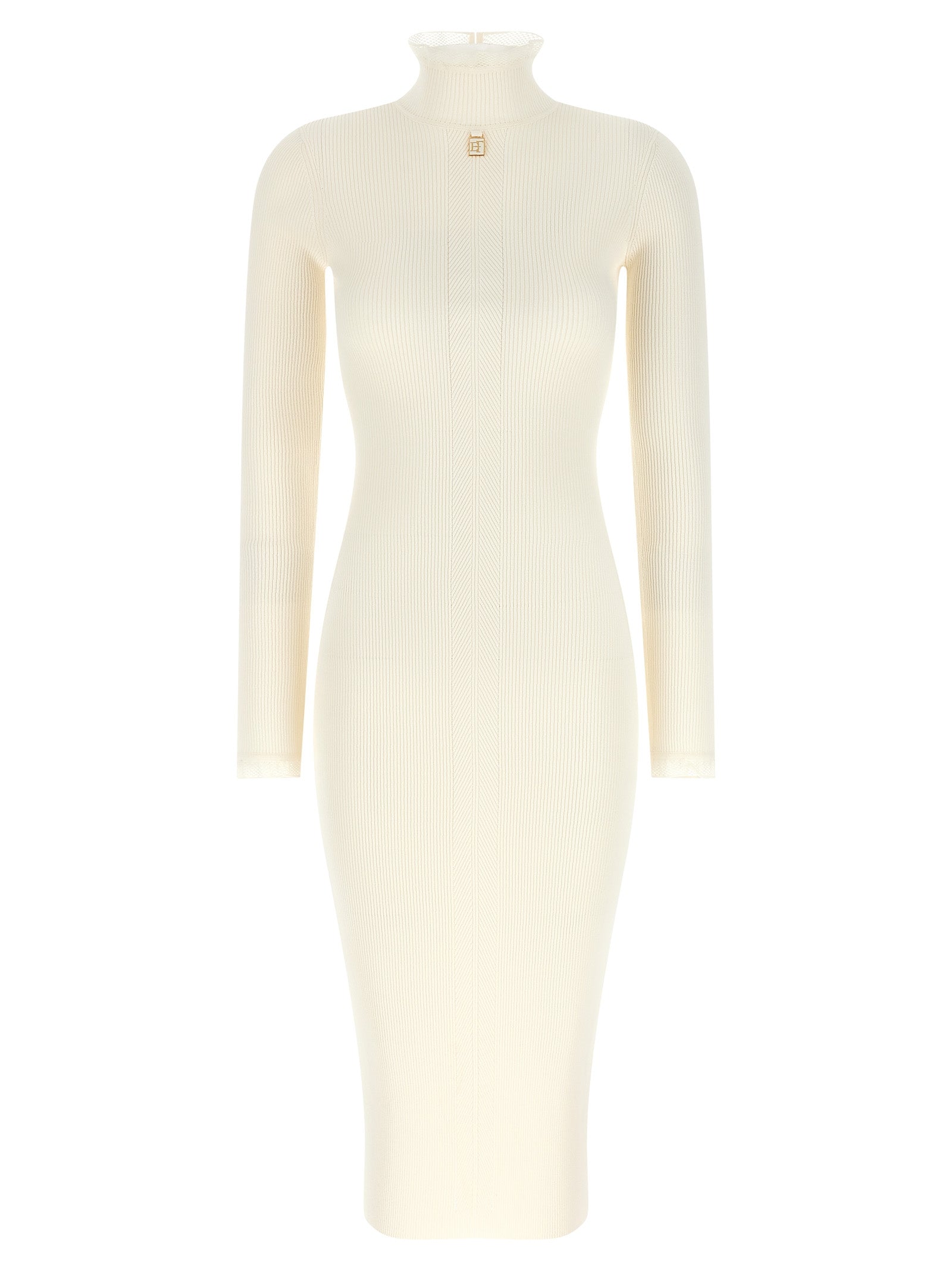 Dress by Elisabetta Franchi for women in polyamide & viscose gold & white features a dramatic silhouette, showcasing an elegant mock neckline and that flows into a dramatic midi.