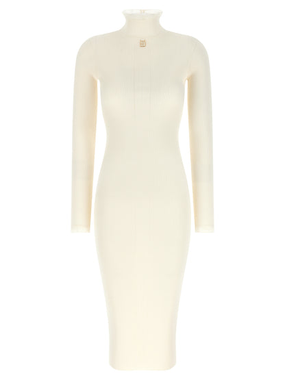 Dress by Elisabetta Franchi for women in polyamide & viscose gold & white features a dramatic silhouette, showcasing an elegant mock neckline and that flows into a dramatic midi.