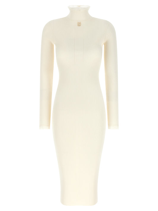 Dress by Elisabetta Franchi for women in polyamide & viscose gold & white features a dramatic silhouette, showcasing an elegant mock neckline and that flows into a dramatic midi.