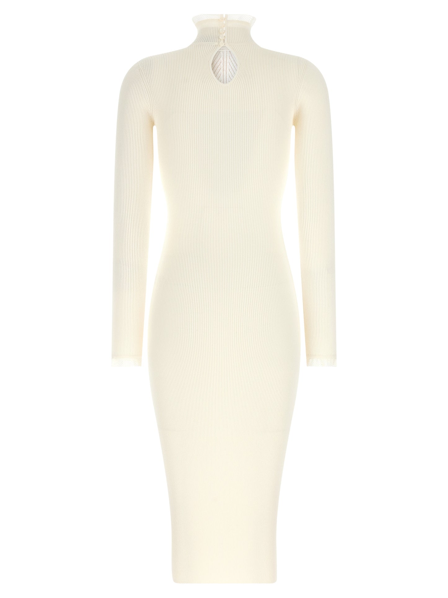 Dress by Elisabetta Franchi for women in polyamide & viscose gold & white features an eye catching silhouette with a sophisticated mock neckline, elegant , and a refined midi for a eye catching aesthetic.
