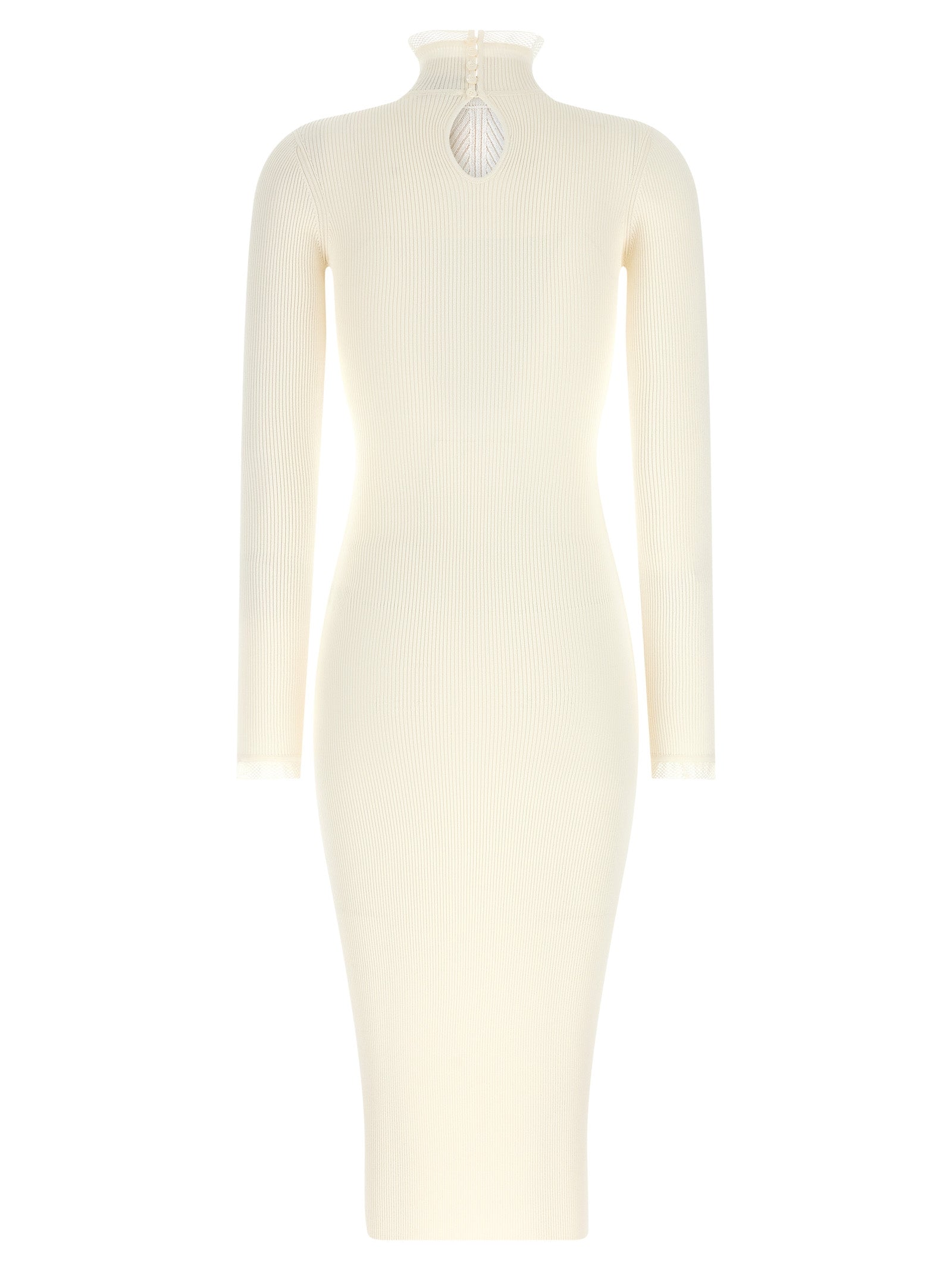 Dress by Elisabetta Franchi for women in polyamide & viscose gold & white features an eye catching silhouette with a sophisticated mock neckline, elegant , and a refined midi for a eye catching aesthetic.