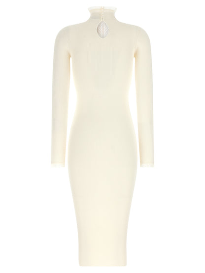 Dress by Elisabetta Franchi for women in polyamide & viscose gold & white features an eye catching silhouette with a sophisticated mock neckline, elegant , and a refined midi for a eye catching aesthetic.