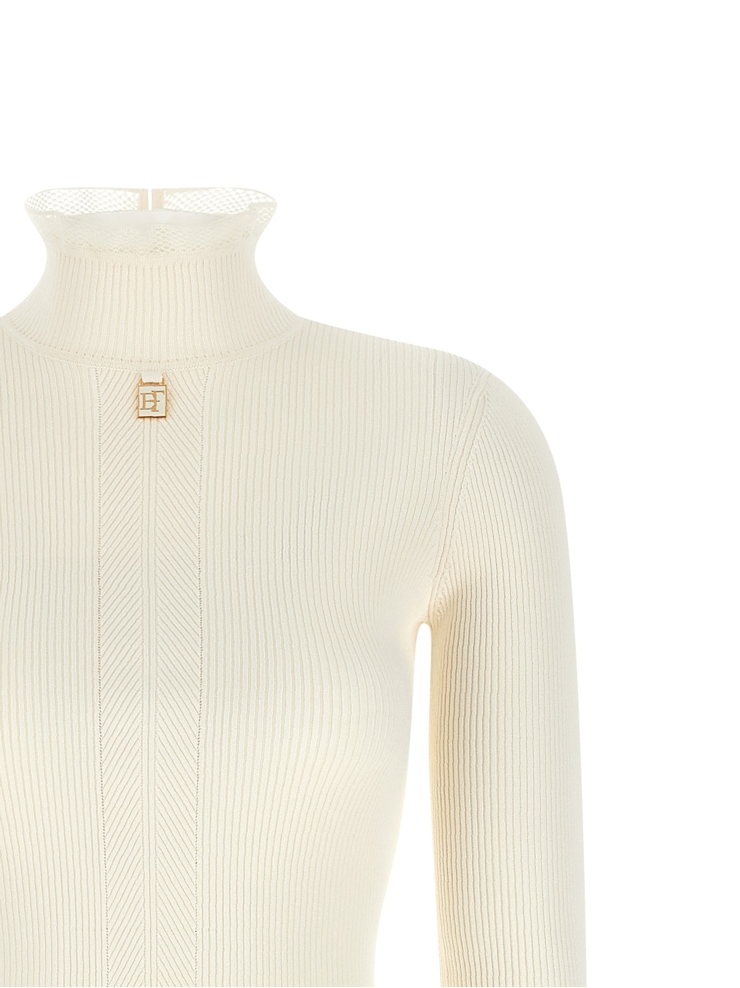 Dress by Elisabetta Franchi for women in polyamide & viscose gold & white presents a sinuous silhouette, showcasing a sophisticated mock neckline and detailed with a sinuous midi for a refined finish.