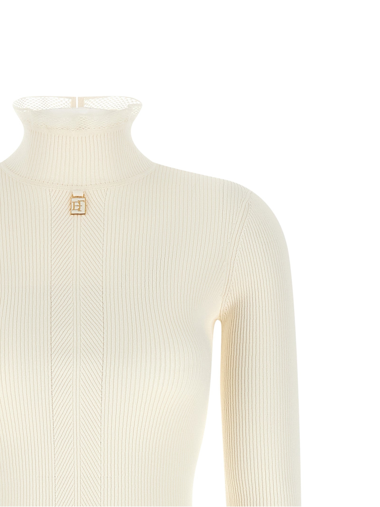 Dress by Elisabetta Franchi for women in polyamide & viscose gold & white presents a sinuous silhouette, showcasing a sophisticated mock neckline and detailed with a sinuous midi for a refined finish.