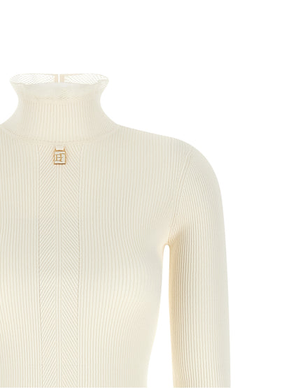 Dress by Elisabetta Franchi for women in polyamide & viscose gold & white presents a sinuous silhouette, showcasing a sophisticated mock neckline and detailed with a sinuous midi for a refined finish.