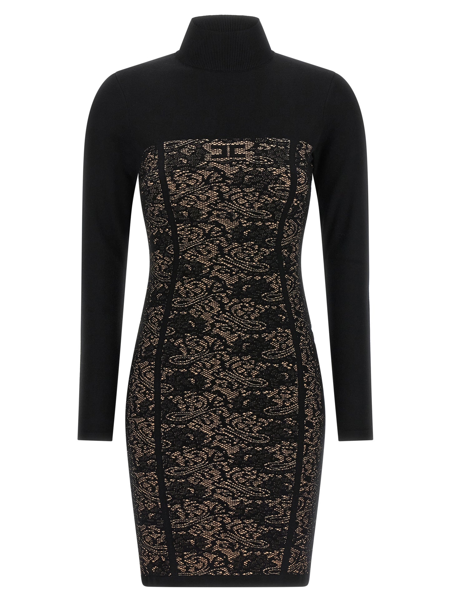 Dress by Elisabetta Franchi for women in polyamide polyester viscose black & jacquard features an eye catching silhouette with a sophisticated high-neck neckline, elegant long-sleeve, and a refined short mini for a eye catching aesthetic.