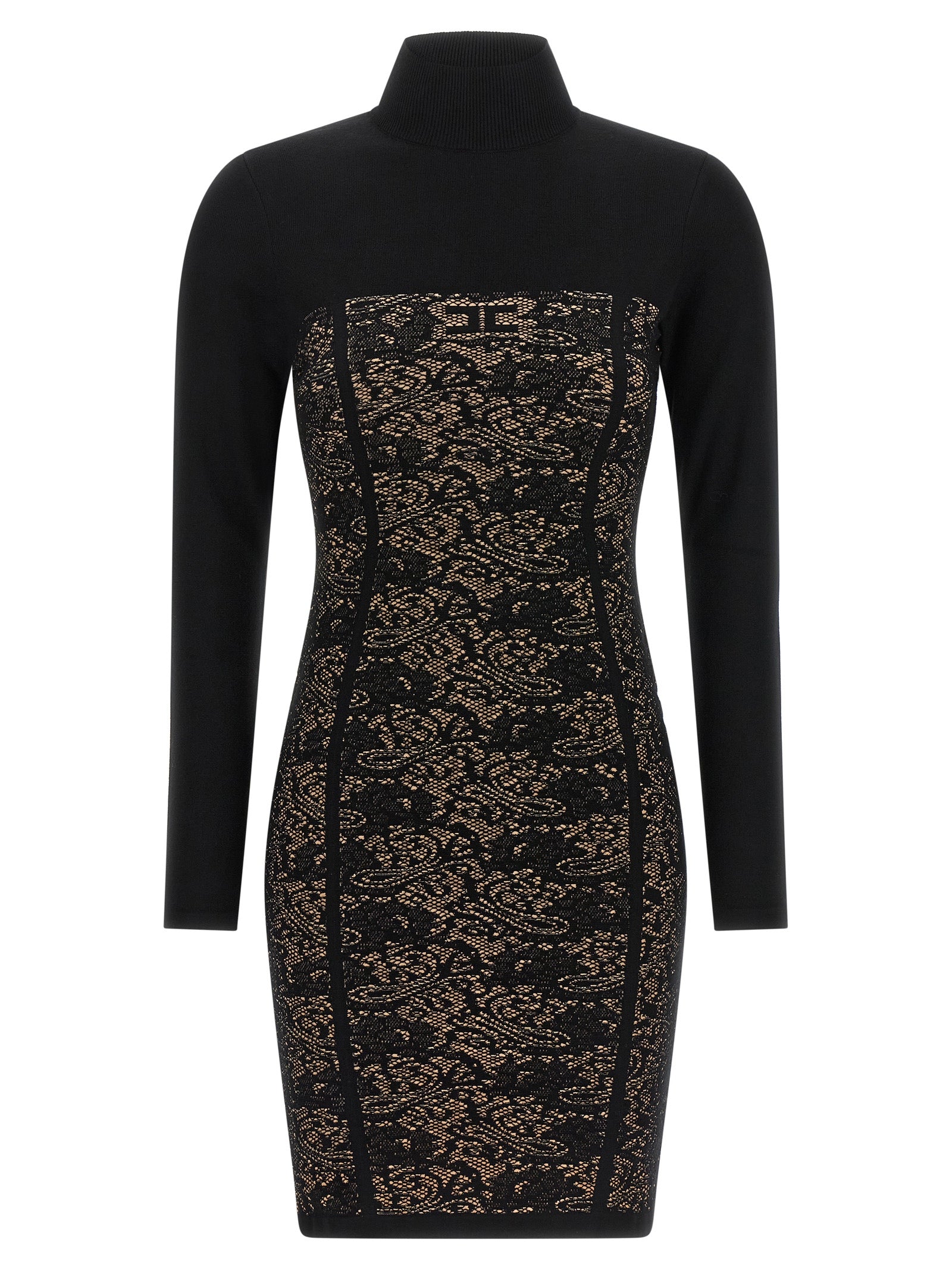 Dress by Elisabetta Franchi for women in polyamide polyester viscose black & jacquard features an eye catching silhouette with a sophisticated high-neck neckline, elegant long-sleeve, and a refined short mini for a eye catching aesthetic.