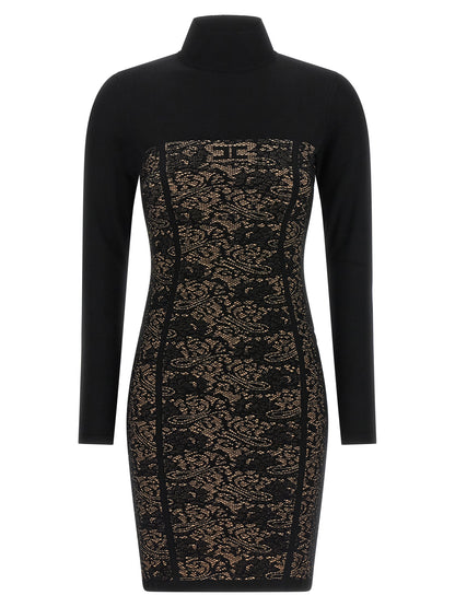 Dress by Elisabetta Franchi for women in polyamide polyester viscose black & jacquard features an eye catching silhouette with a sophisticated high-neck neckline, elegant long-sleeve, and a refined short mini for a eye catching aesthetic.
