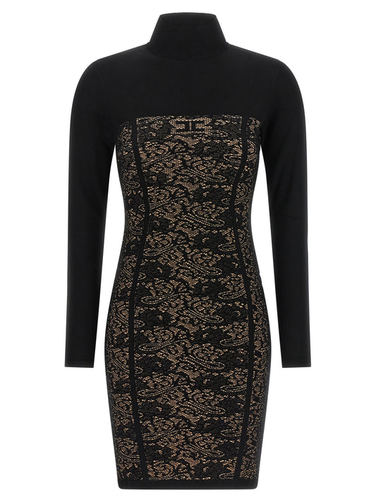 Dress by Elisabetta Franchi for women in polyamide polyester viscose black & jacquard features an eye catching silhouette with a sophisticated high-neck neckline, elegant long-sleeve, and a refined short mini for a eye catching aesthetic.