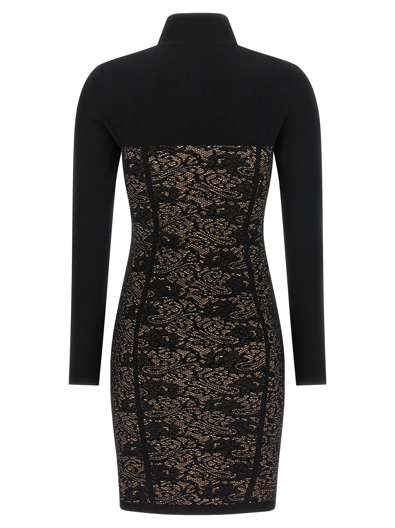 Dress by Elisabetta Franchi for women in polyamide polyester viscose black & jacquard features an cute silhouette, detailed with a and high-neck neckline that elegantly flows into a cute short mini.