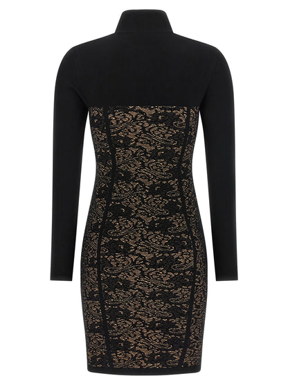 Dress by Elisabetta Franchi for women in polyamide polyester viscose black & jacquard features an cute silhouette, detailed with a and high-neck neckline that elegantly flows into a cute short mini.