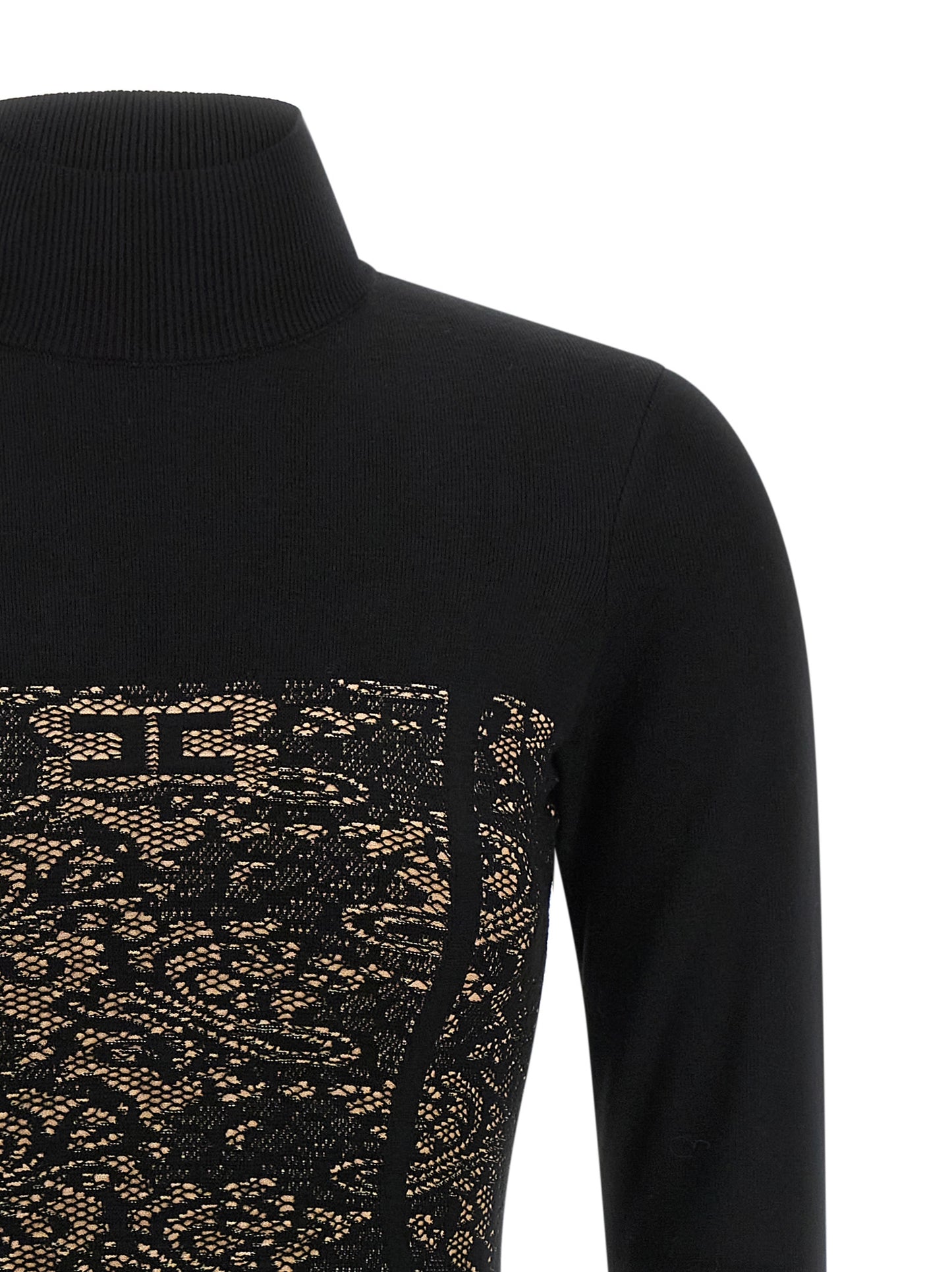 Dress by Elisabetta Franchi for women in polyamide polyester viscose black & jacquard features an sultry silhouette defined by a high-neck neckline and , falling to an sultry short mini for a sultry look.