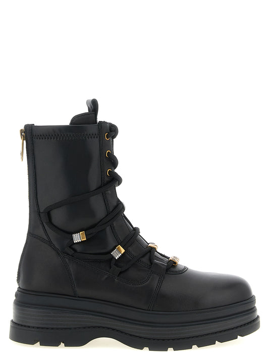 Lace-Up Ankle Boots by PINKO for women in polyurethane & cowhide leather black & gold features an high-performance silhouette, showcasing the sophisticated design of the Love Birds Women's Polyurethane & Cowhide Leather Lace-Up Ankle Boots with a and a refined .