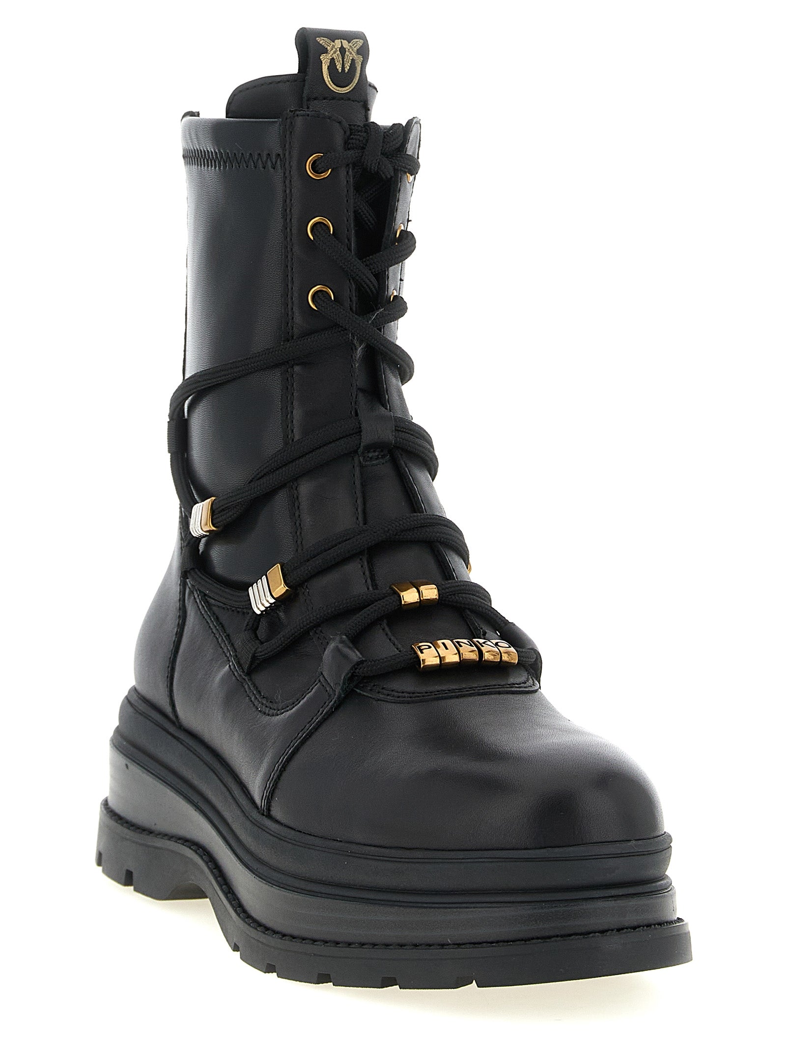 Lace-Up Ankle Boots by PINKO for women in polyurethane & cowhide leather black & gold features an effortless chic silhouette from the Love Birds Women's Polyurethane & Cowhide Leather Lace-Up Ankle Boots collection, showcasing a effortless chic and refined for an effortless chic look.