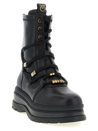 Lace-Up Ankle Boots by PINKO for women in polyurethane & cowhide leather black & gold features an effortless chic silhouette from the Love Birds Women's Polyurethane & Cowhide Leather Lace-Up Ankle Boots collection, showcasing a effortless chic and refined for an effortless chic look.