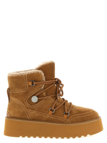 Platform Ankle Winter Boots by PINKO for women in bos taurus suede cowhide leather brown & silver features an high-performance silhouette, showcasing the sophisticated design of the Love Birds Women's Bos Taurus Suede Cowhide Leather Platform Ankle Winter Boots with a platform and a refined .