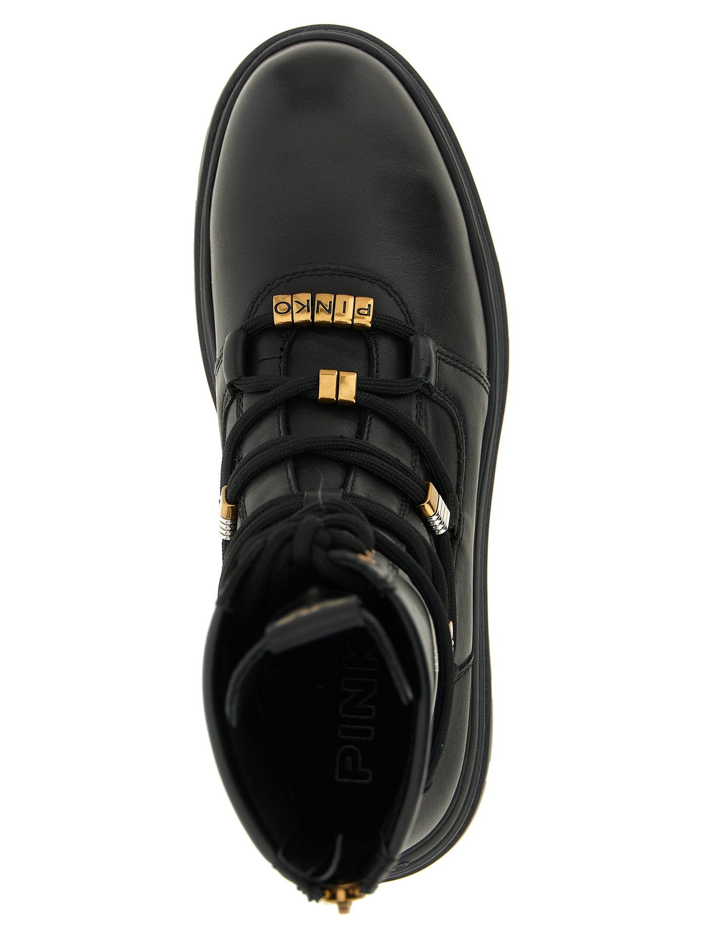 Lace-Up Ankle Boots by PINKO for women in polyurethane & cowhide leather black & gold features an enchanting design from the Love Birds Women's Polyurethane & Cowhide Leather Lace-Up Ankle Boots collection, highlighting a enchanting and for a refined look.