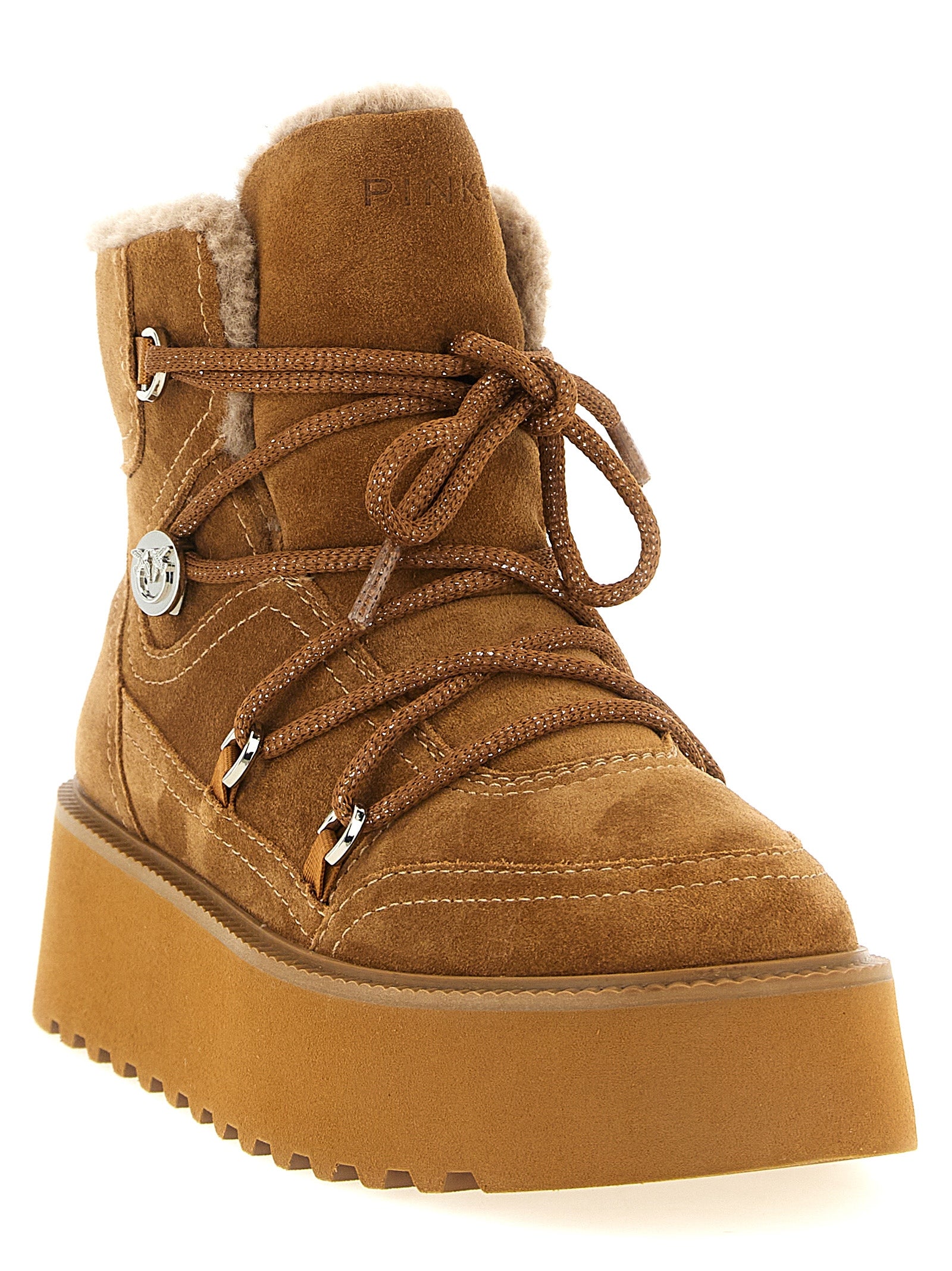 Platform Ankle Winter Boots by PINKO for women in bos taurus suede cowhide leather brown & silver features an enchanting design from the Love Birds Women's Bos Taurus Suede Cowhide Leather Platform Ankle Winter Boots collection, highlighting a enchanting platform and for a refined look.