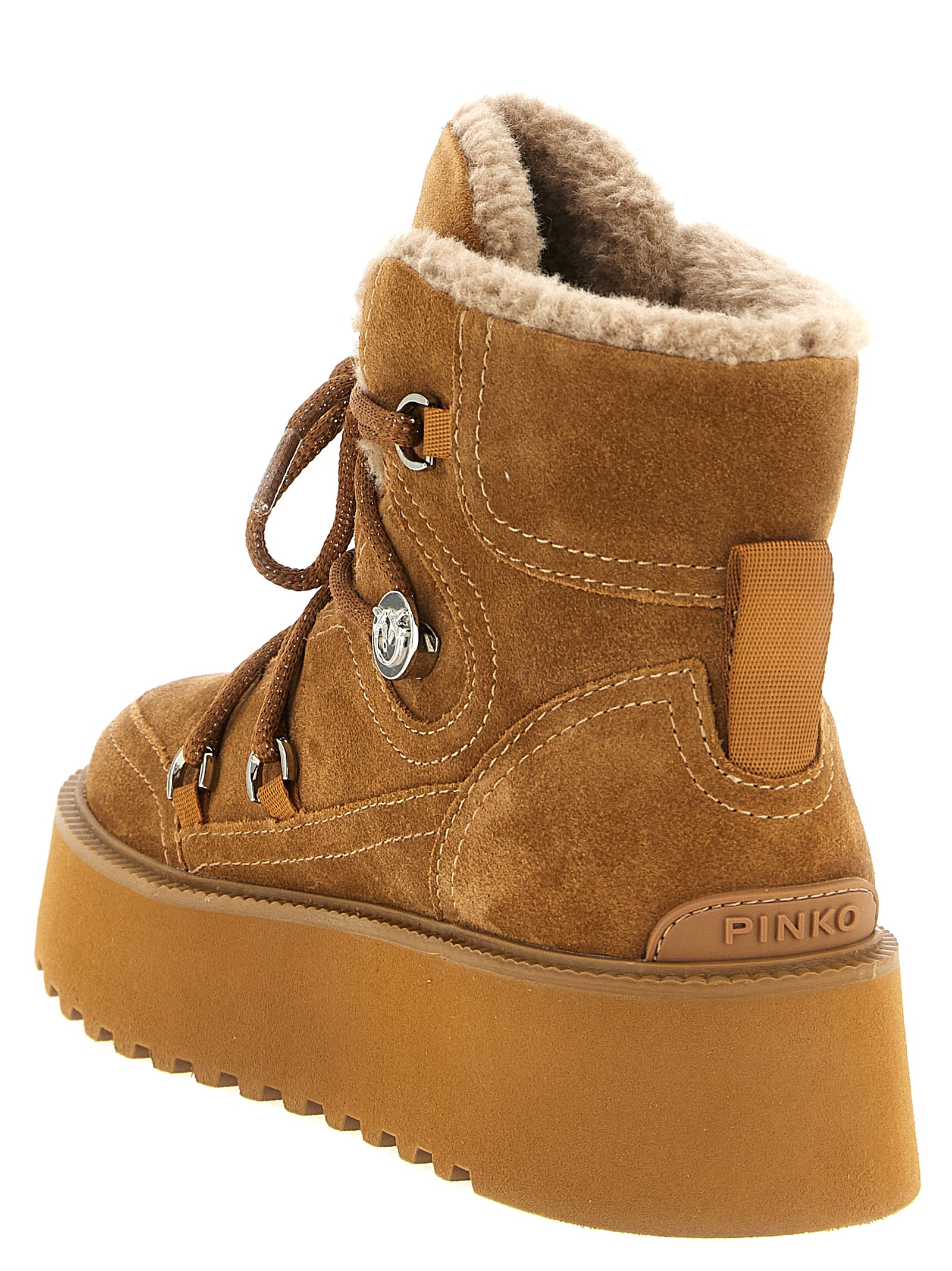 Platform Ankle Winter Boots by PINKO for women in bos taurus suede cowhide leather brown & silver showcases a ergonomic silhouette from the Love Birds Women's Bos Taurus Suede Cowhide Leather Platform Ankle Winter Boots collection, featuring a ergonomic platform and a ergonomic .