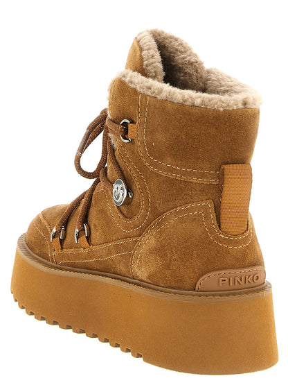 Platform Ankle Winter Boots by PINKO for women in bos taurus suede cowhide leather brown & silver showcases a ergonomic silhouette from the Love Birds Women's Bos Taurus Suede Cowhide Leather Platform Ankle Winter Boots collection, featuring a ergonomic platform and a ergonomic .