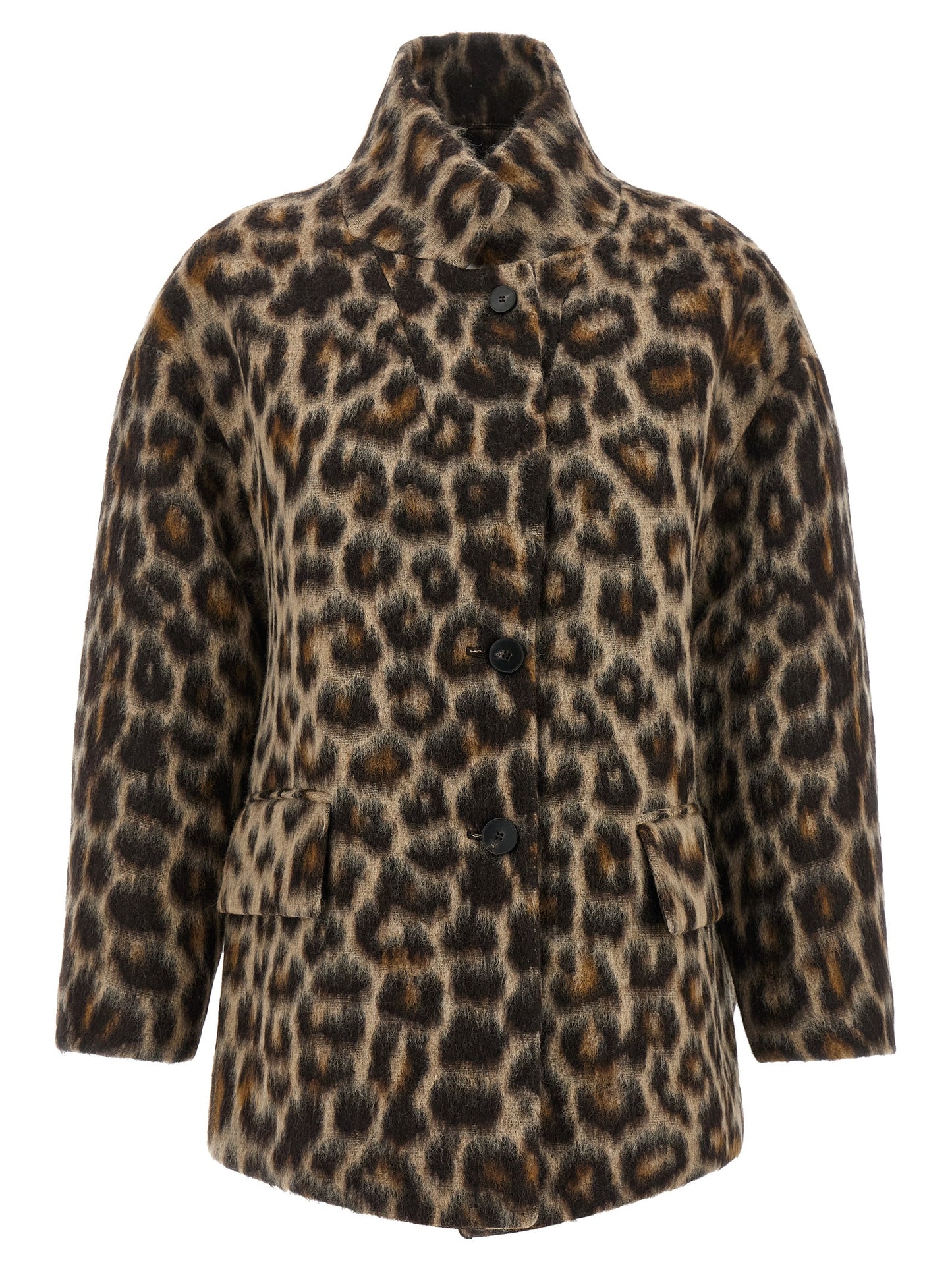 Overcoat by Alberto Biani for women in polyamide wool animal, beige, jacquard & print features a contemporary silhouette showcasing a contemporary and refined pockets for a sophisticated finish.