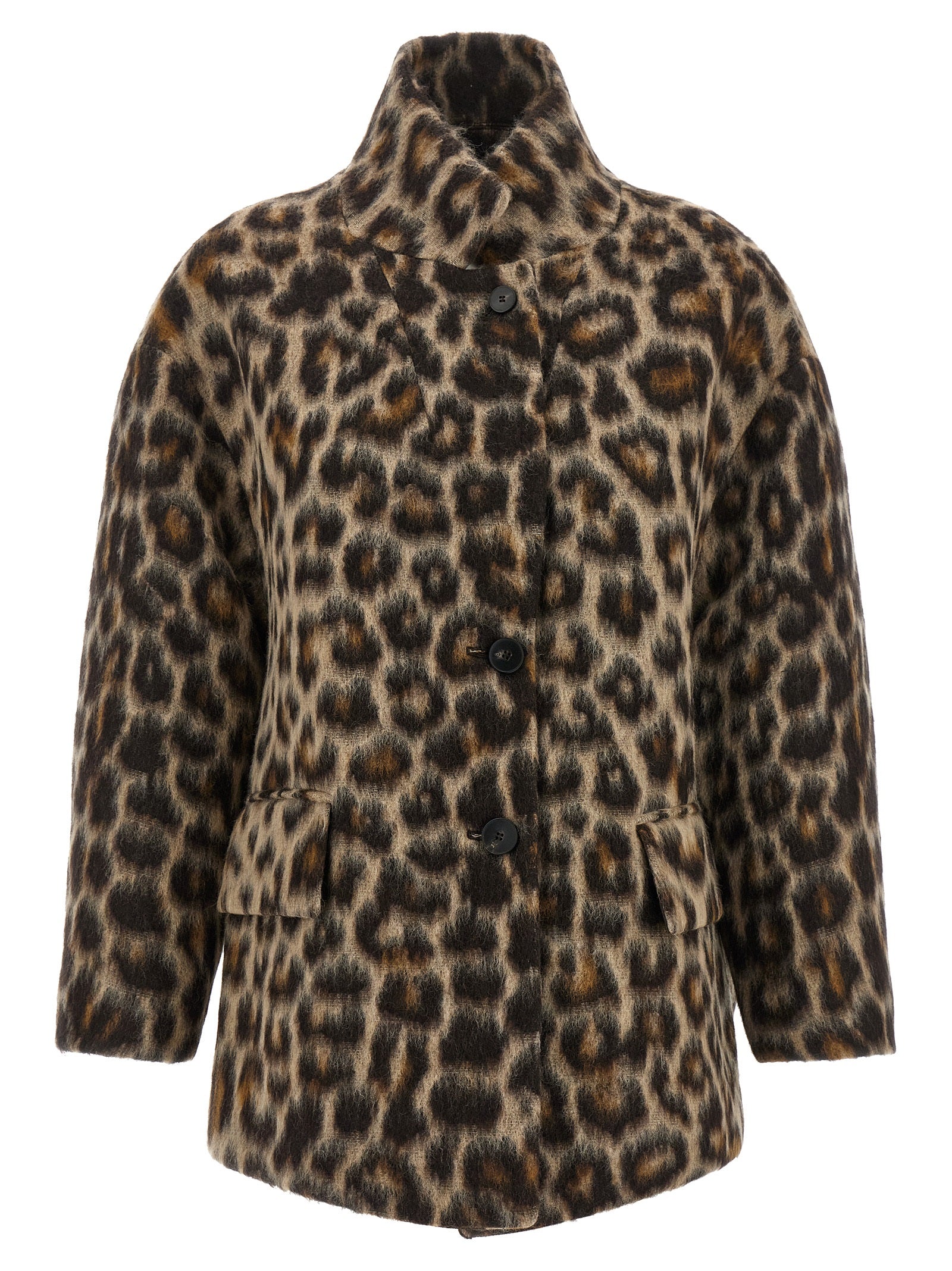 Overcoat by Alberto Biani for women in polyamide wool animal, beige, jacquard & print features a contemporary silhouette showcasing a contemporary and refined pockets for a sophisticated finish.
