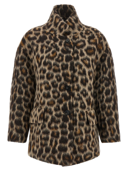 Overcoat by Alberto Biani for women in polyamide wool animal, beige, jacquard & print features a contemporary silhouette showcasing a contemporary and refined pockets for a sophisticated finish.