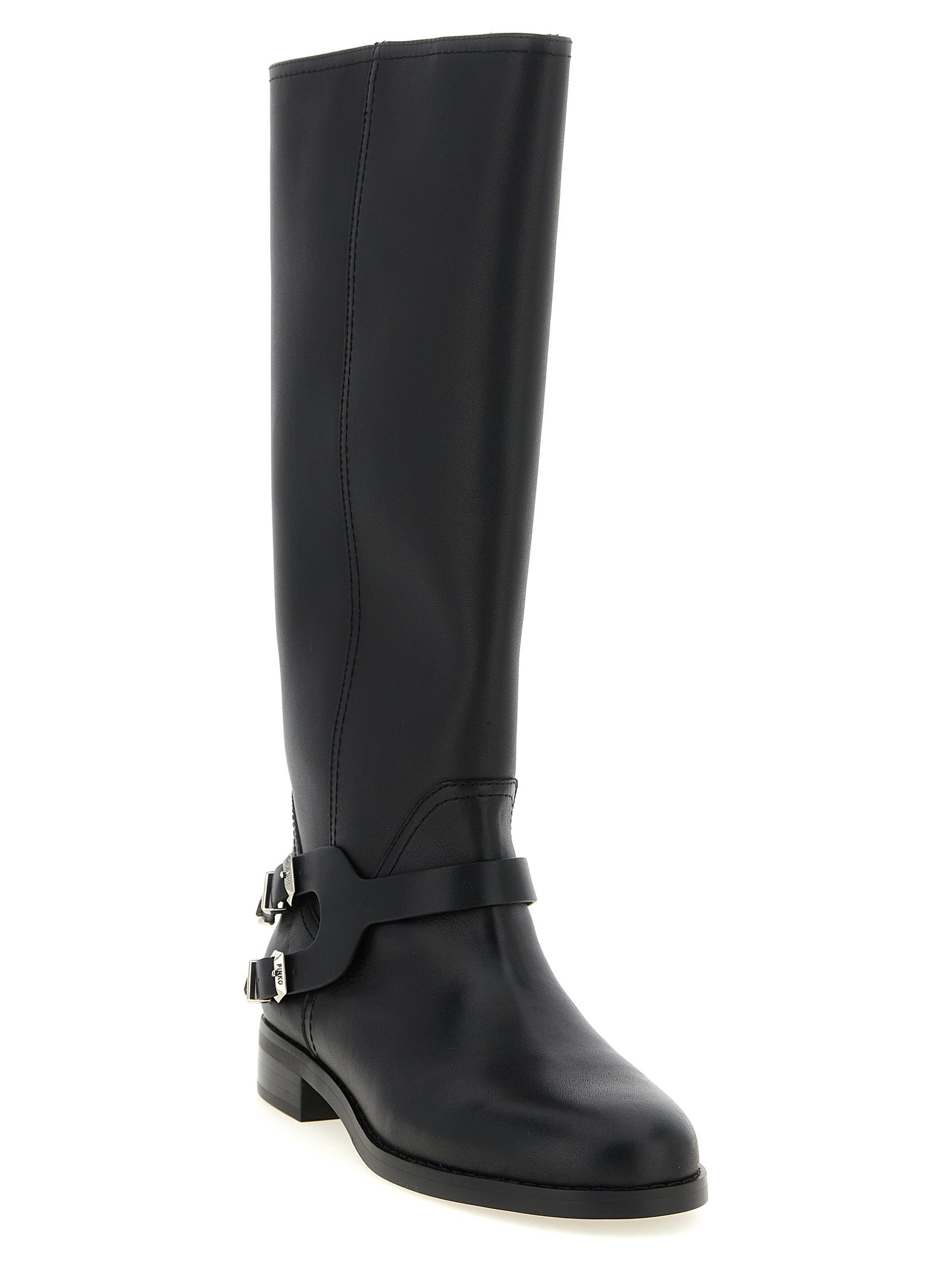 Ankle Cowboy Over-The-Knee Strap Boots by PINKO for women in bos taurus cowhide leather black & silver features an effortless chic silhouette from the Women's Bos Taurus Cowhide Leather Ankle Cowboy Over-The-Knee Strap Boots collection, showcasing a effortless chic and refined for an effortless chic look.
