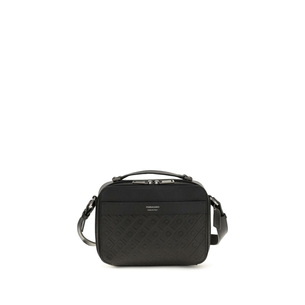 2-in-1 Shoulder & Crossbody Bag by Ferragamo for men in bos taurus calf grained leather black, silver & patterned features a distinguished silhouette, showcasing a secure zipper and distinguished with versatile crossbody-strap, shoulder-strap, handle & adjustable-strap for a distinguished finish.
