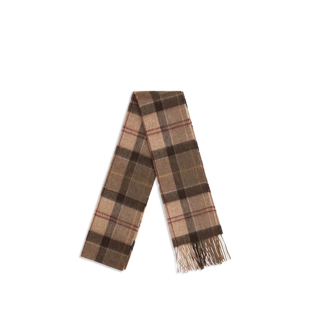Scarf by Barbour for women in merino wool & capra leather beige, multicolor, patterned & tartan presents a effortlessly chic silhouette, artfully capturing the essence of the effortlessly chic Merino Wool & Capra Leather Shawl Fringes Scarf design for a sophisticated look.