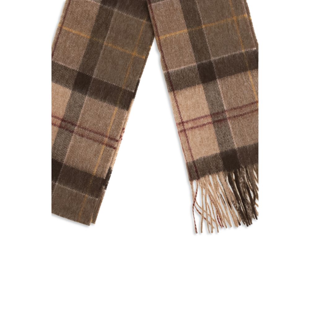Scarf by Barbour for women in merino wool & capra leather beige, multicolor, patterned & tartan showcases a eye catching silhouette, artfully capturing the essence of the eye catching Merino Wool & Capra Leather Shawl Fringes Scarf design for a sophisticated look.