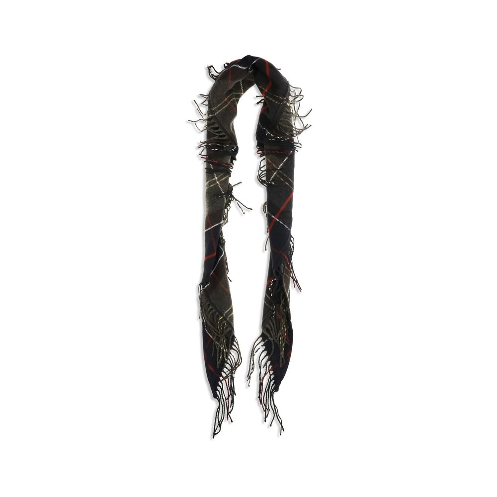 Scarf by Barbour for women in merino wool & capra leather bicolour, multicolor, patterned & tartan showcases a warm silhouette from the Merino Wool & Capra Leather Shawl Fringes Scarf collection, offering a warm drape that exudes sophisticated luxury.