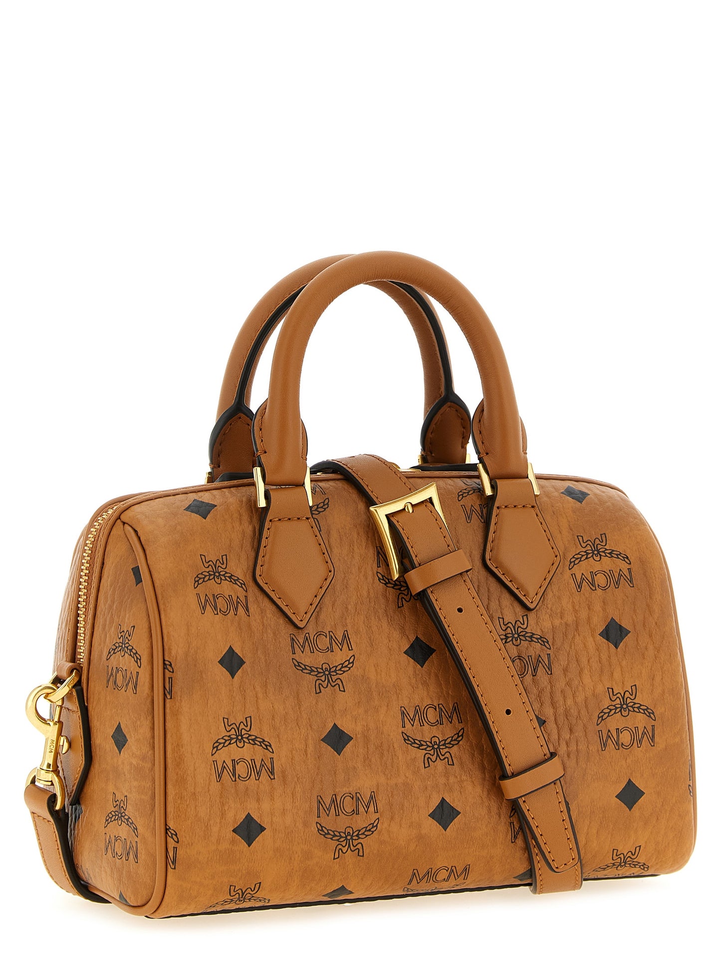 This Travel Belt Pouch Handbag by MCM for women in polyester polyethylene polyurethane leather and brown, gold & monogram presents a sculptural silhouette featuring a secure , ample , and versatile shoulder-strap, adjustable-strap, detachable-strap & handle for a sculptural finish.