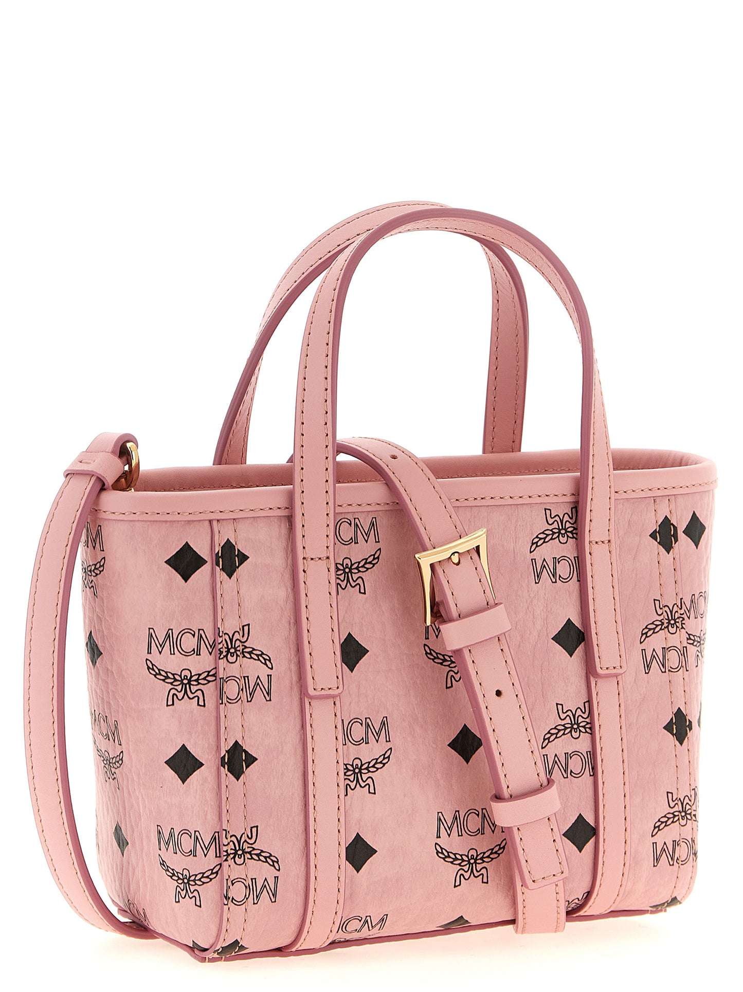 Mni Tote Bag by MCM for women in polyester polyethylene polyurethane leather gold, multicolor, natural, pink, patterned & monogram showcases a urban-chic Visetos Polyester Polyethylene Polyurethane Leather Mni Tote Bag design, featuring a secure zipper, ample built-in-compartments & cardholder, and versatile shoulder-strap, handle, adjustable-strap & detachable-strap for a urban-chic finish.