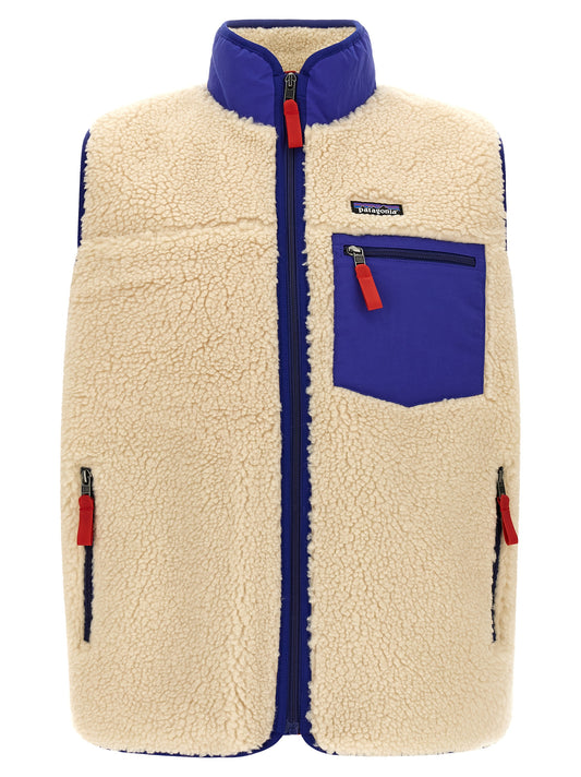 Vest by PATAGONIA for men in polyester beige & red features a chic silhouette, expertly detailed with a refined high-neck neckline and premium windproof & pockets for a truly chic look.