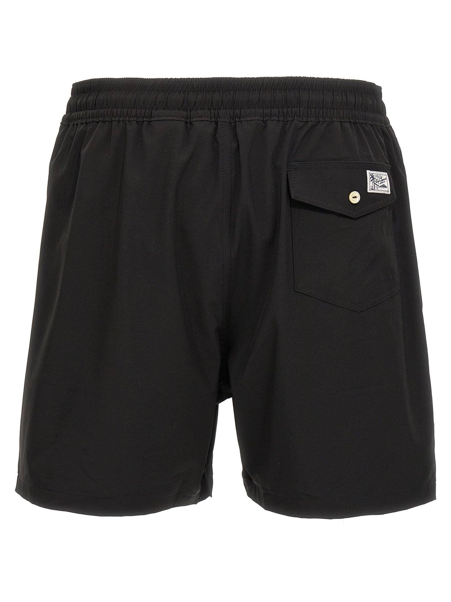 Swim Shorts by Polo Ralph Lauren for men in stretch polyester mesh black features a beach chic silhouette, showcasing the signature style of the Men's Stretch Polyester Mesh Swim Shorts.