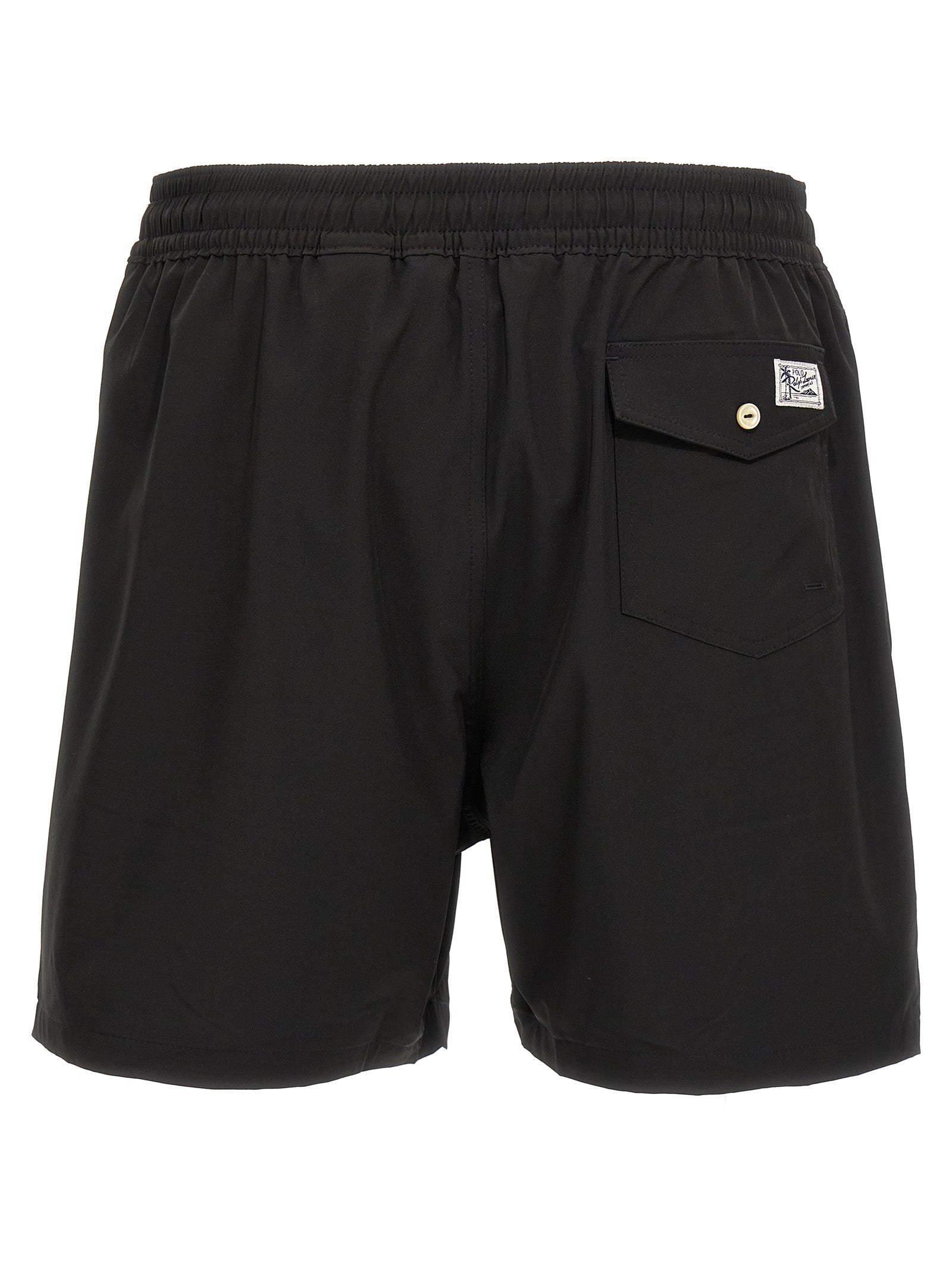 Swim Shorts by Polo Ralph Lauren for men in stretch polyester mesh black features a beach chic silhouette, showcasing the signature style of the Men's Stretch Polyester Mesh Swim Shorts.