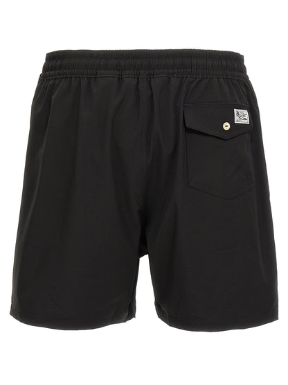 Swim Shorts by Polo Ralph Lauren for men in stretch polyester mesh black features a beach chic silhouette, showcasing the signature style of the Men's Stretch Polyester Mesh Swim Shorts.