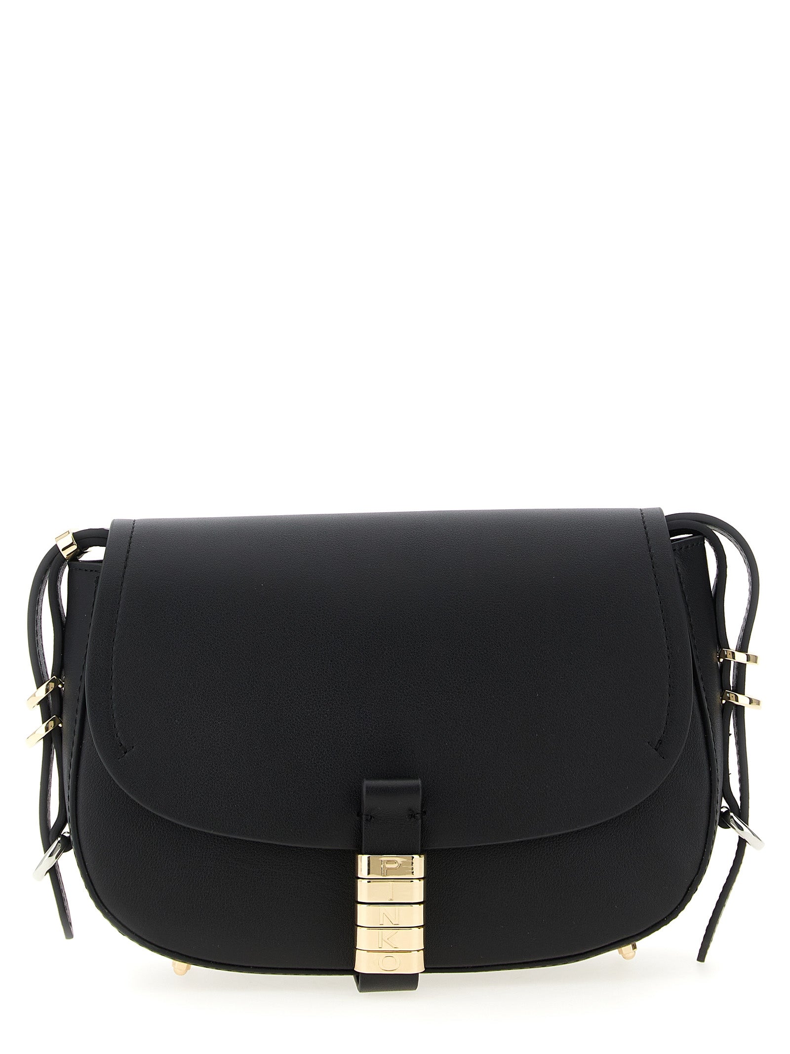 Mini Crossbody Saddle Handbag by PINKO for women in cotton & calfskin leather black, gold & silver showcases a versatile sophistication silhouette, featuring a secure flap & magnetic, versatile sophistication , and versatile crossbody-strap, shoulder-strap & adjustable-strap for a versatile sophistication finish.