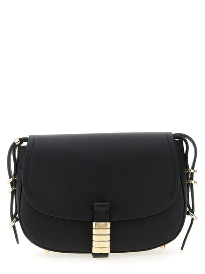 Mini Crossbody Saddle Handbag by PINKO for women in cotton & calfskin leather black, gold & silver showcases a versatile sophistication silhouette, featuring a secure flap & magnetic, versatile sophistication , and versatile crossbody-strap, shoulder-strap & adjustable-strap for a versatile sophistication finish.